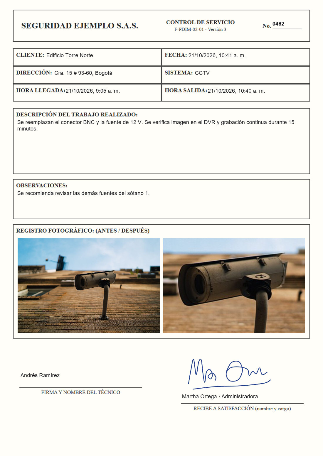 La misma acta escrita sobre el formato de papel de una empresa: cada dato en su casilla, fotos en el registro fotográfico y la firma sobre la línea.